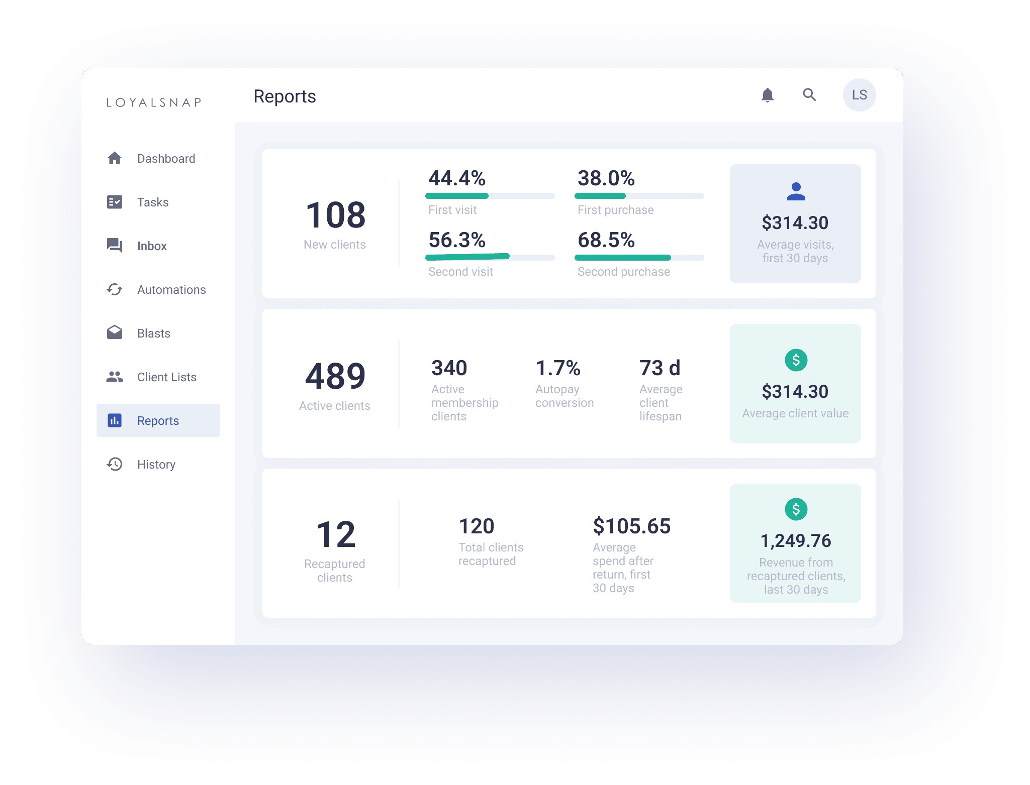 A Loyalsnap feature dashboard representing reports