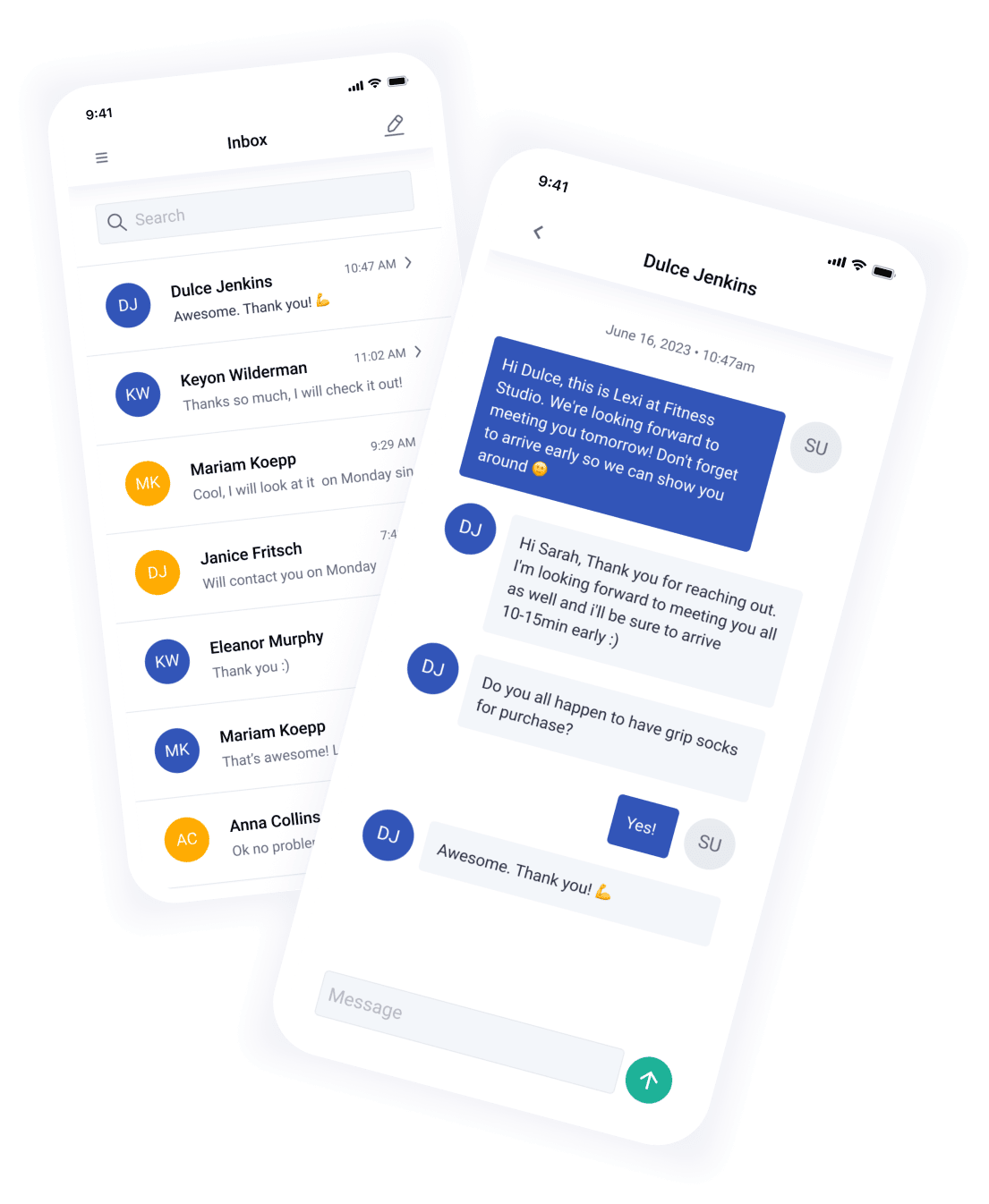 White phone over transparent background showing a conversation between people. Mobile app for contact management.