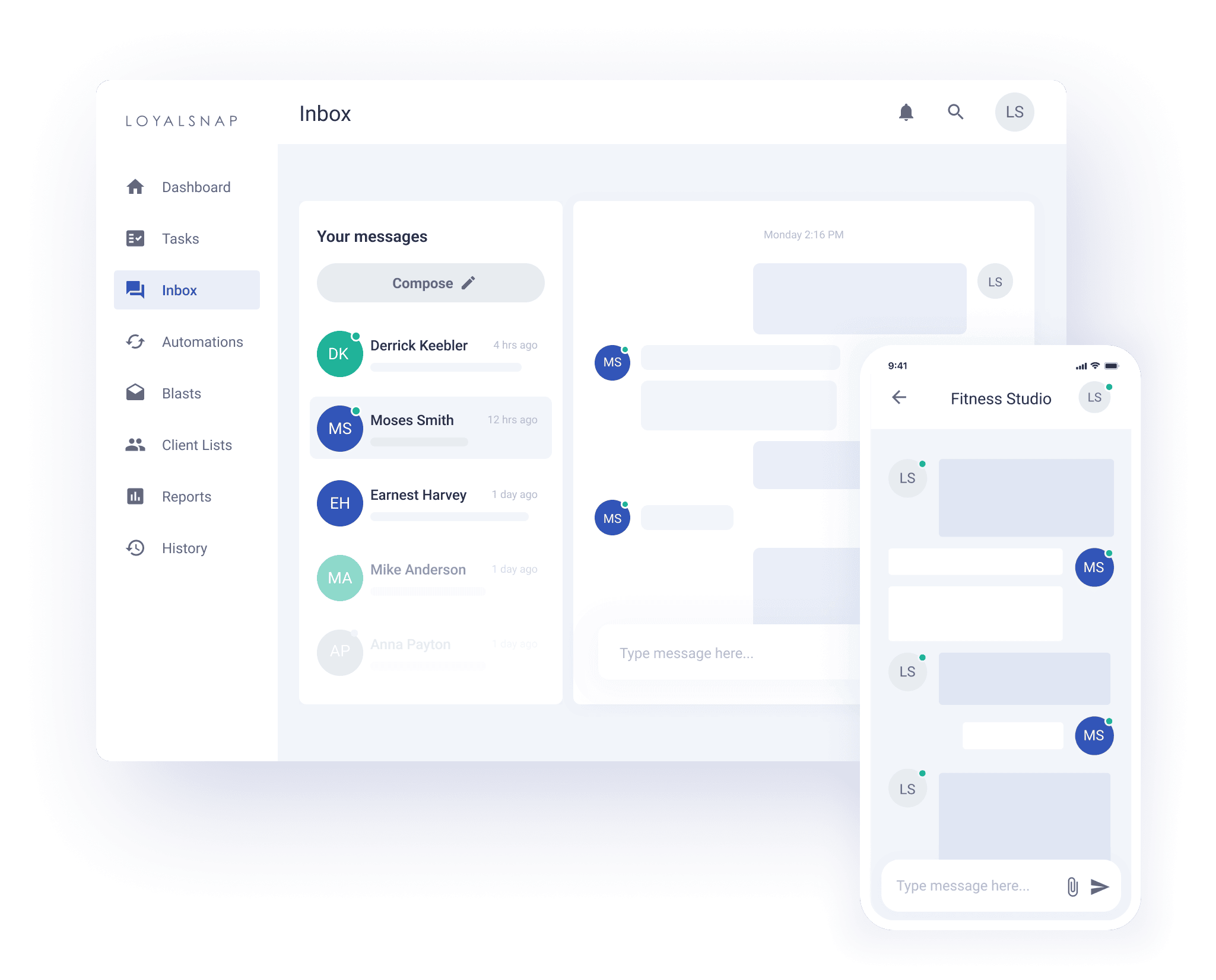 A Loyalsnap feature dashboard representing inbox showing an example chat between two people