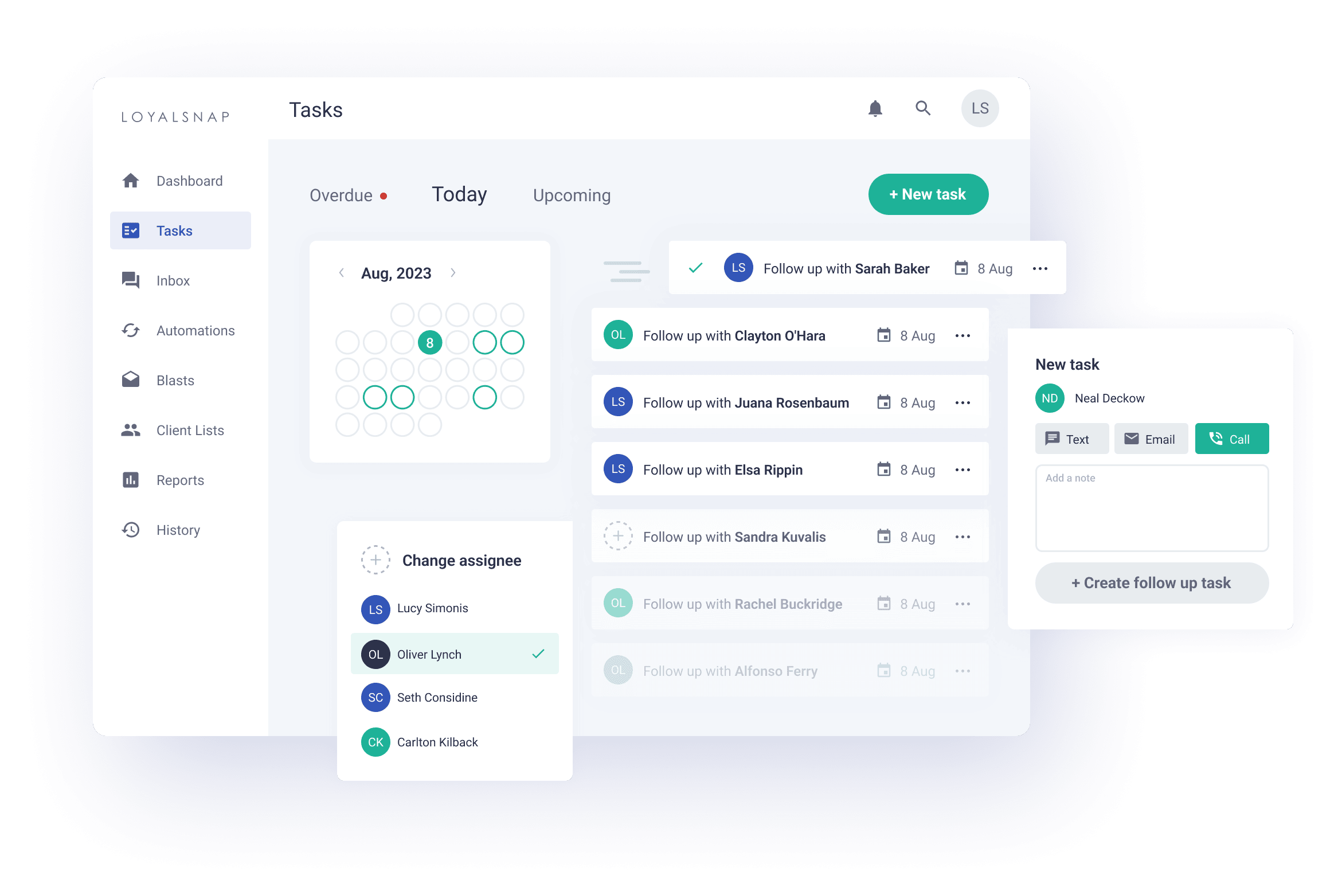 A Loyalsnap feature dashboard representing tasks