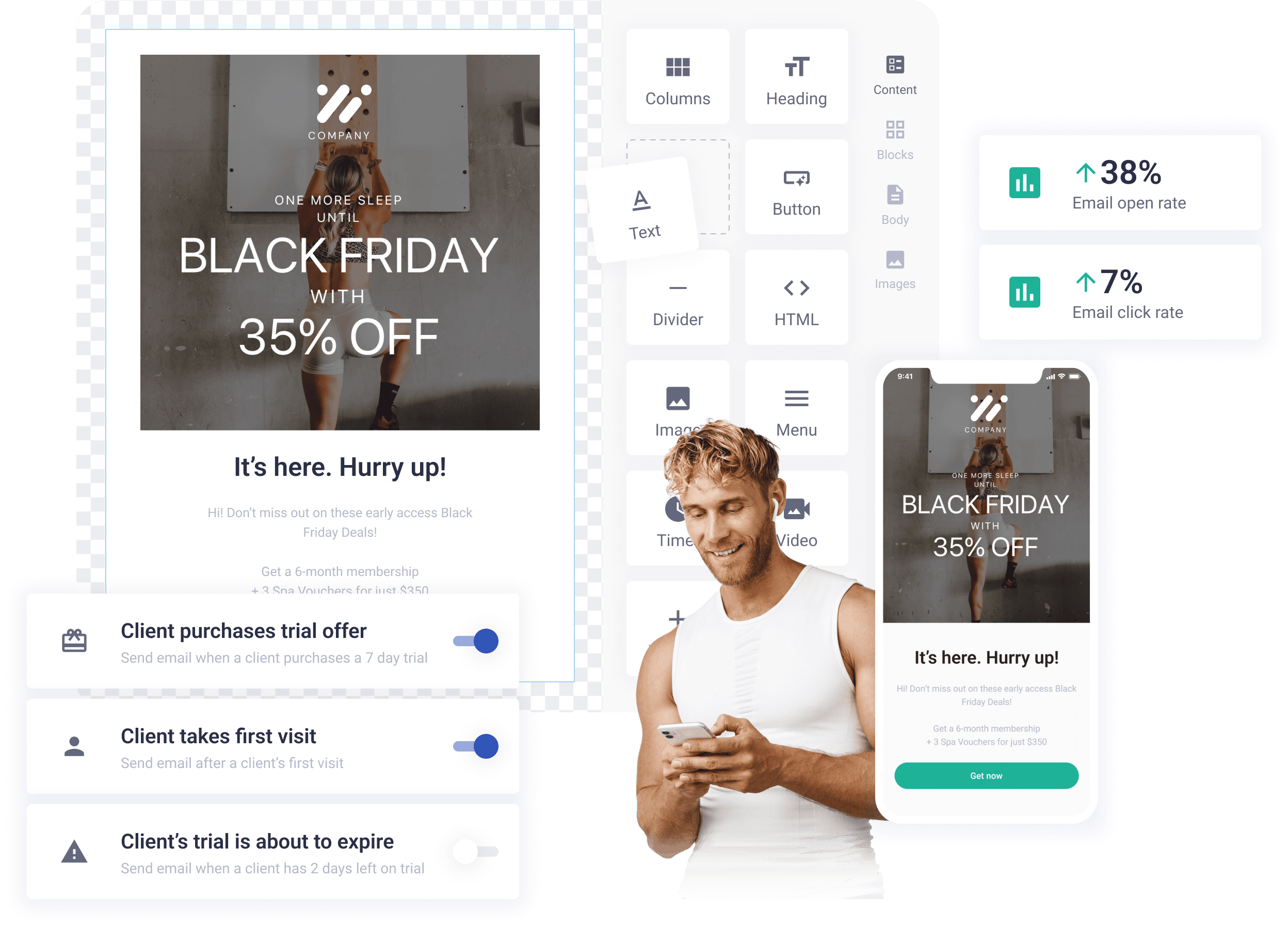 A Loyalsnap feature dashboard representing email blasts editor. Man wearing white holding a phone smiling