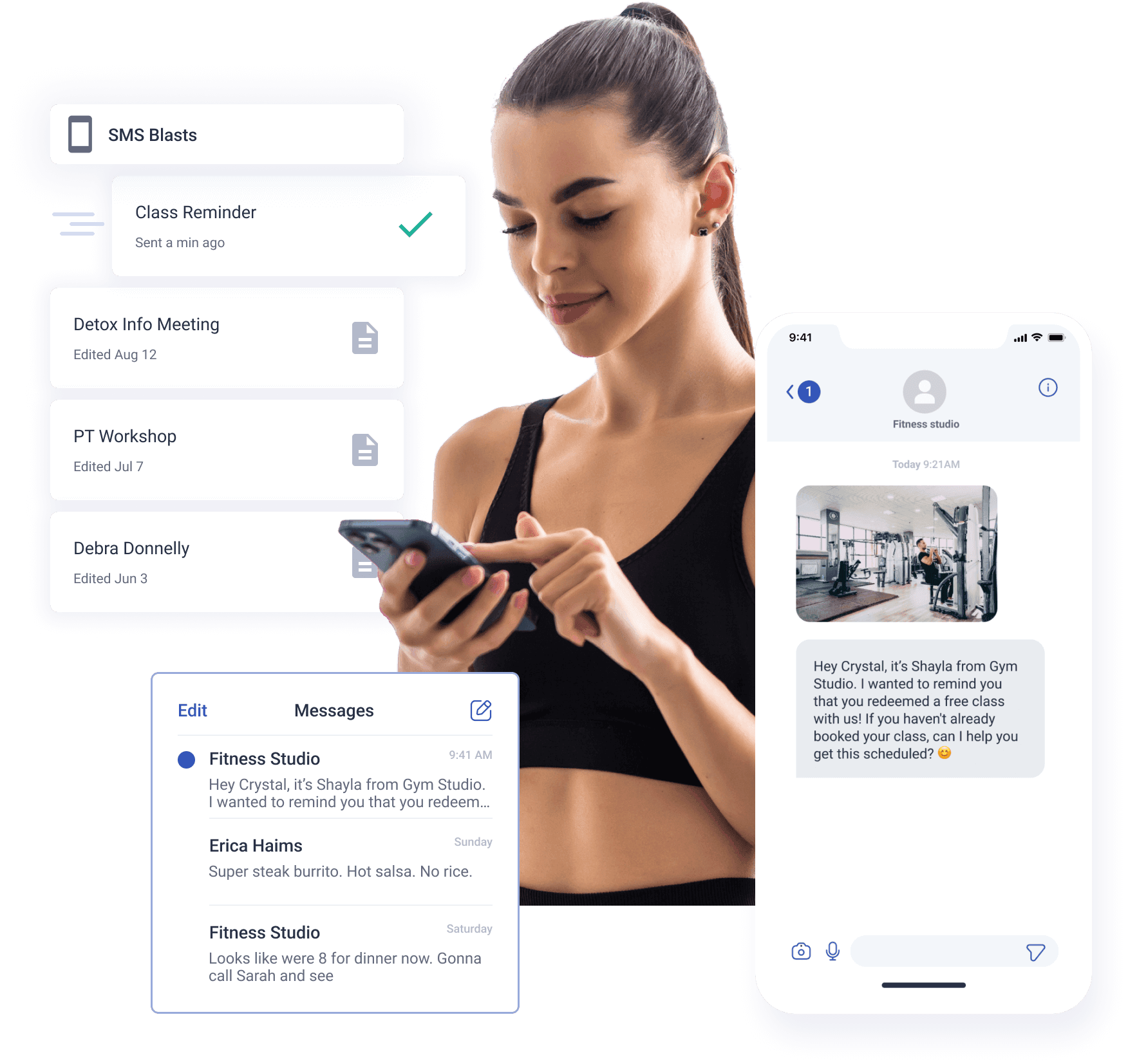 A Loyalsnap feature representing SMS blasts. Woman wearing black holding a phone smiling.